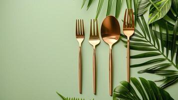 Set of Four Gold Colored Forks and Spoons photo