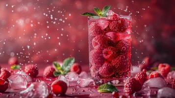 Raspberries Floating in Water Glass on Table photo
