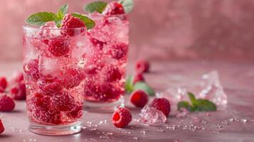 Raspberries Floating in Water Glass on Table photo