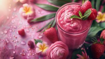 Pink Smoothie With Strawberries on Table photo