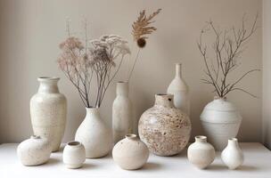 Group of White Vases on Table photo