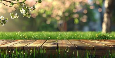 Close Up of Wooden Floor With Grass Growing photo