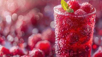 Raspberries Floating in Water Glass on Table photo