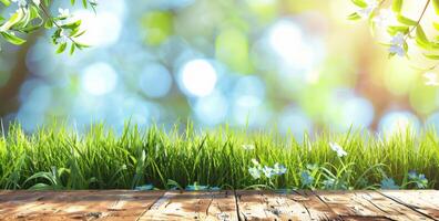 Close Up of Wooden Floor With Grass Growing photo