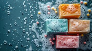 Stack of Soap Bars on Table photo