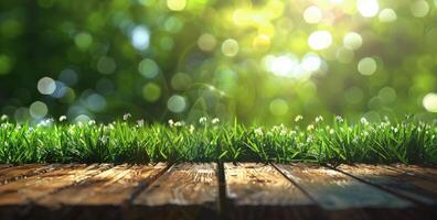 Close Up of Wooden Floor With Grass Growing photo