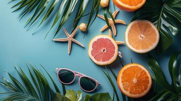 Blue Background With Oranges, Starfish, Sunglasses, and Palm Leaves photo