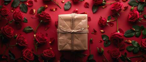 Brown Paper Wrapped Present Surrounded by Red Roses photo