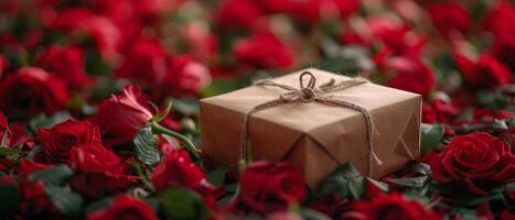 Brown Paper Wrapped Present Surrounded by Red Roses photo