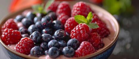 Bowl of Fruit and Yogurt With Bananas and Raspberries photo