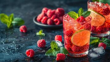 Two Glasses Filled With Raspberry Lemonade and Mint photo