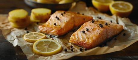 Two Salmon Fillets on Wax Paper With Lemons photo