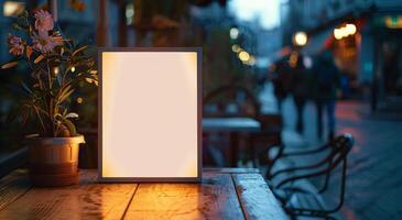Wooden Table With White Light Box photo
