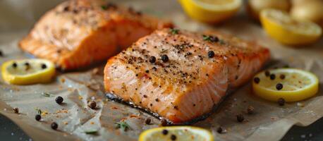 Two Salmon Fillets on Wax Paper With Lemons photo