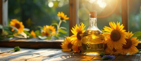 Sunflower Oil Bottle on Wooden Table photo