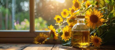 girasol petróleo botella en de madera mesa foto