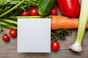 Beautiful Mockup Card with Vegetables Background A Fresh and Wholesome Display of Nature's Bounty, Featuring Vibrant and Colorful Vegetables Against a Rustic and Inviting Backdrop photo