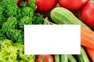 Beautiful Mockup Card with Vegetables Background A Fresh and Wholesome Display of Nature's Bounty, Featuring Vibrant and Colorful Vegetables Against a Rustic and Inviting Backdrop photo