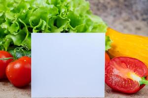 Beautiful Mockup Card with Vegetables Background A Fresh and Wholesome Display of Nature's Bounty, Featuring Vibrant and Colorful Vegetables Against a Rustic and Inviting Backdrop photo