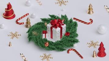 Merry Christmas and Happy New Year. Xmas Festive background with realistic objects. Holiday elements, 3d render and realism. Greeting card, banner, web poster. photo