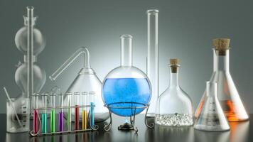 Laboratory transparent glassware instruments. Empty equipment for chemical lab in realistic style. Beaker and flask, chemical glass transparent for lab. 3d render photo