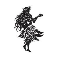 Silhouette of Hawaiian girl wearing skirt of leaves playing ukulele isolated on white background. vector