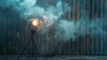 Industrially Themed Spotlight with Swirls of Smoke and Distressed Metal Backdrop photo