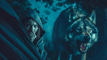Scared woman clutching a tree as a wolf prowls in the background photo