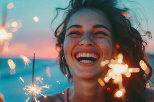 Young person laughing, with sparklers in hand, celebrating 4th of July, background transitioning from blue to red gradient photo