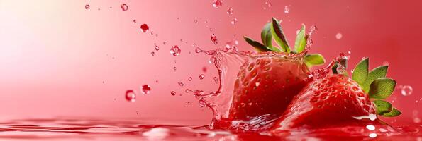 Strawberry juice splash on a pink to red gradient background, dynamic and bold photo