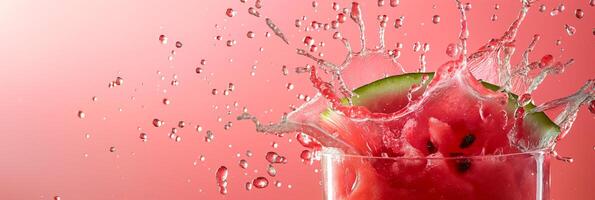 Watermelon juice splash on a pink to green gradient background, summer vibes photo