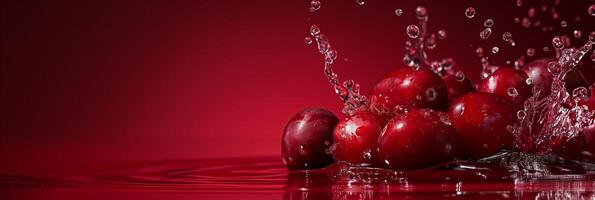Cranberry juice splash on a dark red to pink gradient background, rich and vibrant photo