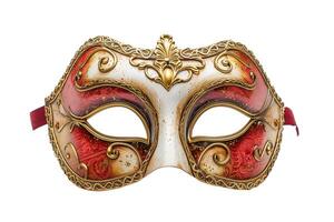 Elegant Venetian mask with ornate gold details and red fabric, isolated on a white background, ideal for Carnival, masquerade parties, and theatrical events photo