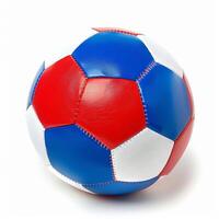 A designer red, white, and blue soccer ball isolated on a white background photo