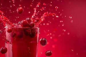 Cranberry juice splash on a dark red to pink gradient background, rich and vibrant photo