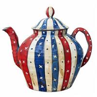 A quirky teapot painted in red, white, and blue, isolated on a white background photo