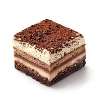 A luxurious slice of tiramisu dusted with cocoa, isolated on a white background photo