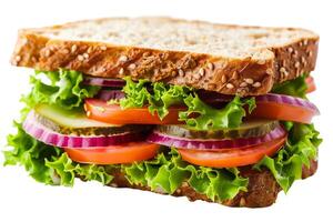 Fresh vegetable sandwich with lettuce, tomato, cucumber, and onion slices, isolated on a white background, ideal for picnic and healthy eating concepts photo