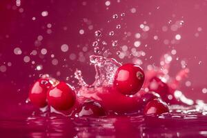 Cranberry juice splash on a dark red to pink gradient background, rich and vibrant photo