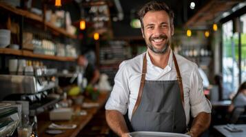 Smiling Friendly Coffee Maker Barista in a Cozy Wooden Cafe. Blurred Background of the Restaurant. photo