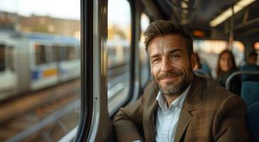 The man is riding the bus sitting by the window. Comfortably traveling on public transport. photo