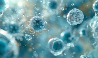 A Close-Up of Microscopic Medical Images Showing Viruses. Microorganisms Under Microscope in Blue Colors. Background with Microorganisms and Space for Text. photo