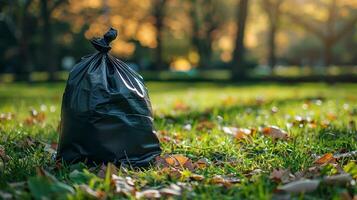 Environmental Conservation. Cleaned Forest, Cleaned Park Waste. Filled Trash Bag against Blurred Clean Green Park Background with Space for Text. photo