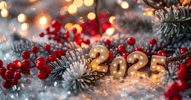 Burning Light Bulbs in 2025 Numbers in New Year Decorations photo