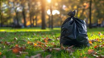 Filled Trash Bag against Blurred Clean Green Park Background with Space for Text. Environmental Conservation. Cleaned Forest, Cleaned Park Waste. photo