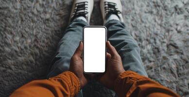 Phone Mockup in Man's Hands in Minimalistic Design. photo