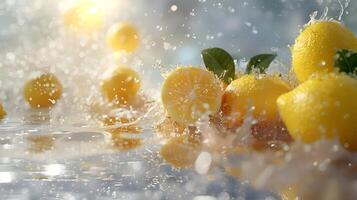 Lemons in Splashes. Cut and Fresh Lemons on an Outdoor Background. Lemons with Splashes on a Blurred Park Background. photo