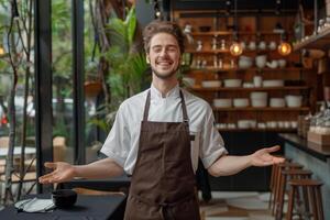 Working at the Restaurant. Young Smiling Friendly Waiter in a Cozy Wooden Restaurant. Blurred Background of the Restaurant. photo