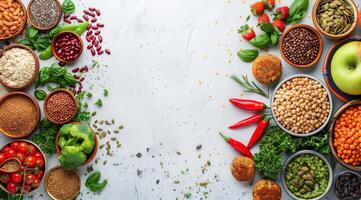 Healthy Diet Food with Empty Space for Text. Tomatoes, Vegetables Background. Healthy Balanced Food Background. photo