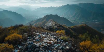Plastic Pollution Problem. Mountaintop Covered in Plastic Waste. Nature Contamination with Plastic. photo